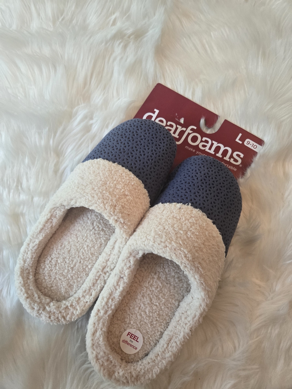 dearfoams Navy and Cream Sherpa-Trim Slip-On Women's Slippers 9-10